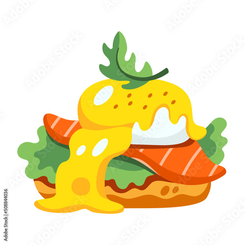 Vector illustration of a Benedict egg. Delicious brioche bread with salmon, poached egg, hollandaise sauce, rucola salad. Green, orange, beige, yellow colors. Hand drawn cartoon flat vector illustrati