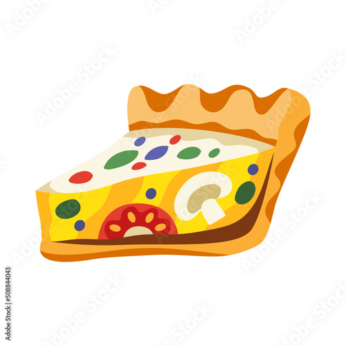 Vector illustration of a quiche tart. Delicious pie with vegetables, mushrooms and cheese. Red, green, beige, yellow colors. Hand drawn cartoon flat vector illustration