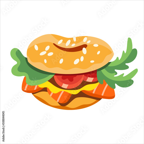 Vector illustration of a bagel. Delicious round sandwich with tomato, salmon, sauce, rucola, and cheese. Red, green, beige, yellow colors. Hand drawn cartoon flat vector illustration