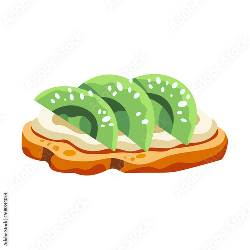 Vector illustration of an avocado toast. Delicious vegetarian sandwich with bread, ripe avocado and cream cheese. Green, beige, brown, yellow colors. Hand drawn cartoon flat vector illustration