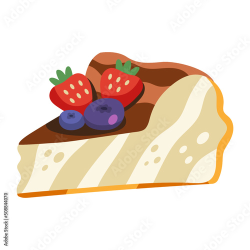 Vector illustration of a basque cheesecake with berries. Delicious san sebastian cake with strawberry and blueberry. Brown, beige, red, blue colors. Hand drawn cartoon flat vector illustration