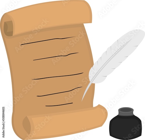 Vector illustration of a papyrus, an ink pen and an inkwell