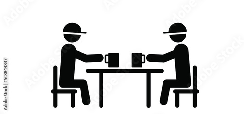 Cartoon stickman, stick figure. the people are talking at the table, or to work in concert with a cups in hands. School or kitchen table. Business lunch. Vector canteen or cafeteria, lunchtime icon.