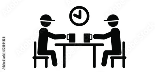 Cartoon stickman, stick figure. the people are talking at the table, or to work in concert with a cups in hands. School or kitchen table. Business lunch. Vector canteen or cafeteria, lunchtime icon.