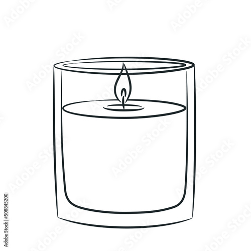 Wax candle in a glass candlestick hand-drawn. Sketch in doodle style. Burning candle in a glass. Isolated vector illustration.