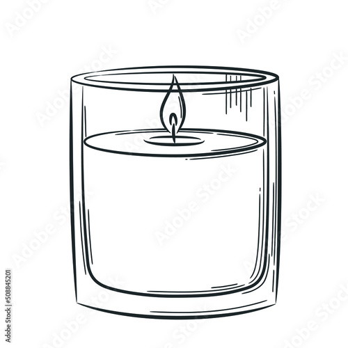 Wax candle in a glass candlestick hand-drawn. Sketch in doodle style. Burning candle in a glass. Isolated vector illustration with strokes.