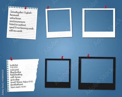 set of photo frames on the wall, polaroid and note, blank frames, Instant camera, Polaroid collection, Vector illustration, Set of polaroid