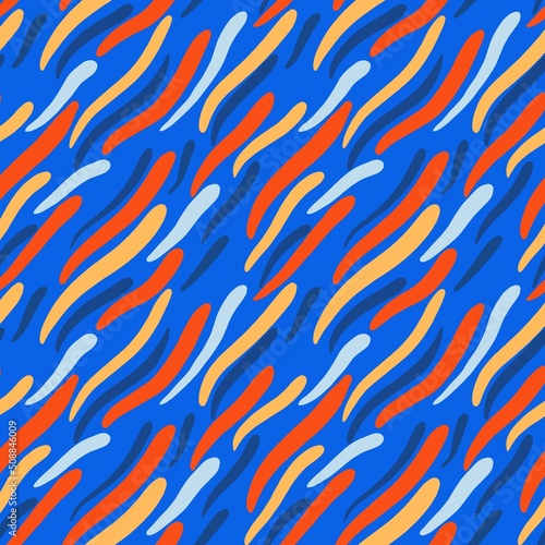 Color watercolor seamless pattern. On a blue background. Pulsating background. Wavy ripple lines. Ornament for wrapping paper, textiles, fabrics and decor. The decor is hand-painted with watercolor.