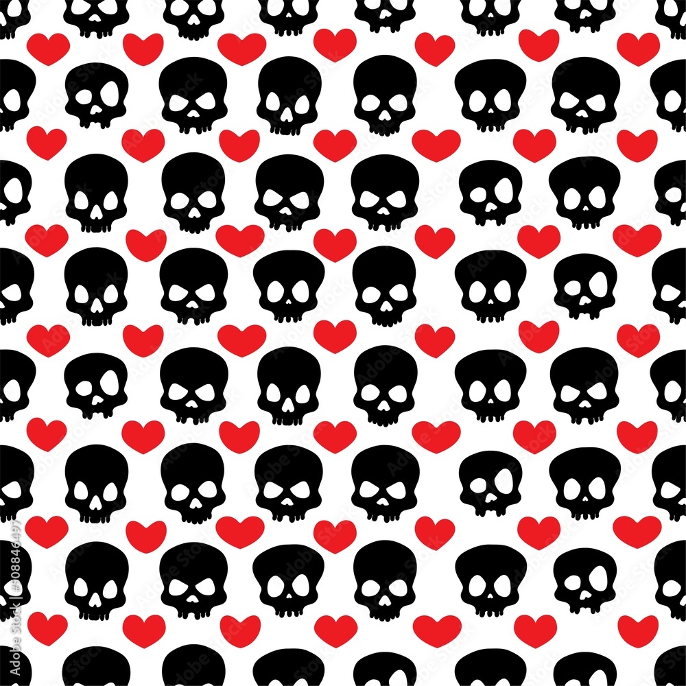 Black skull and hearts background Black skull and hearts background