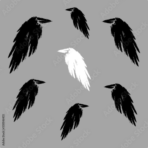 One white crow among all blacks crows. Not like everyone else concept. Vector illustration.