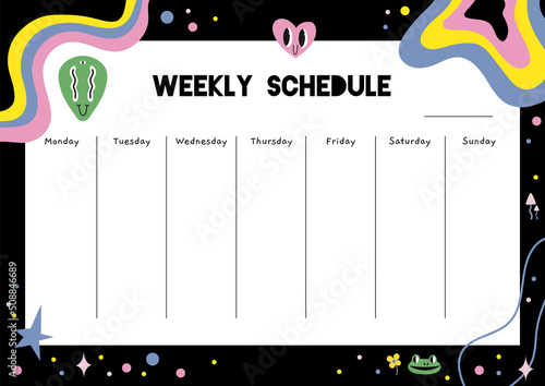 Cute weekly chedule with funny comic characters, abstract shapes and doodles, cartoon style. Trendy modern vector illustration, hand drawn, flat design.