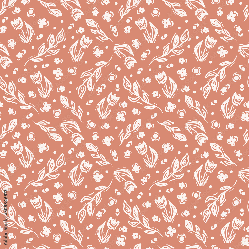 Hand drawn Floral seamless vector pattern in pastel colors. Fashionable boho background. Simple white flowers and twigs. Ideal for fabric design, packaging or wallpaper