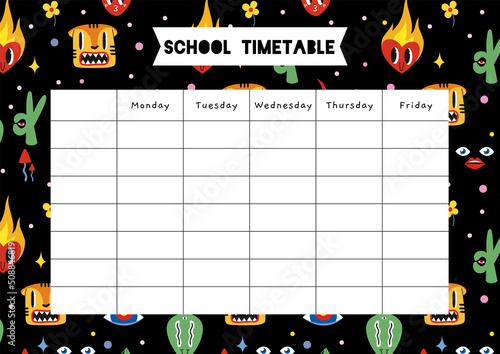 Cute school timetable with funny comic characters, abstract shapes and doodles, cartoon style. Trendy modern vector illustration, hand drawn, flat design.