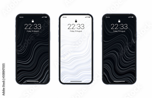 Different Variations Of Distorted Stripes Glitch Art Black White Wallpapers Set On Photorealistic Smart Phone Screen Isolated On White. Vertical Abstract Screensaver Collection For Portable Smartphone