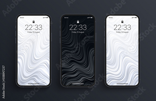 Various Distorted Smooth Stripes Vector Black White Art Liquid Wallpapers Set On Photorealistic Smart Phone Touch Display Interface. Vertical Abstract Screensaver Collection For Portable Smartphone