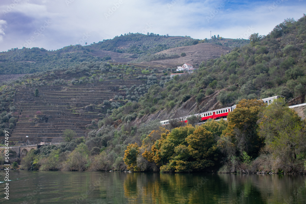 Naklejka premium Scenic train ride through portgual wine country Douro Valley