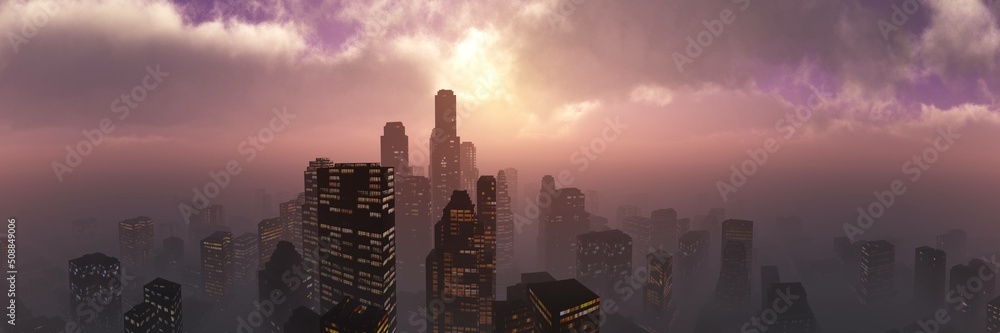 Evening city in the rays of the setting sun among the clouds, skyscrapers in the evening in the clouds and the sun, 3d rendering