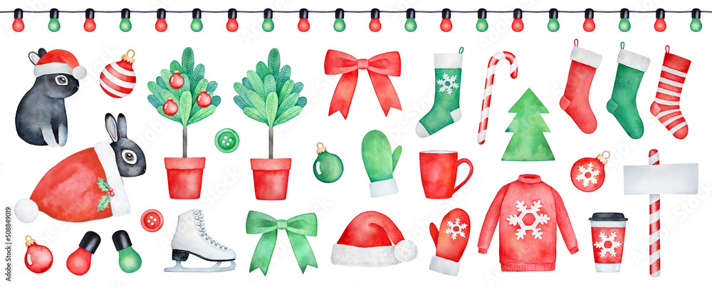 Watercolour illustration collection with colorful Christmas symbols, decorative bows, red and green garland, candy cane, knitted gloves, Christmas tree, ice skates, warm socks and super cute rabbit.