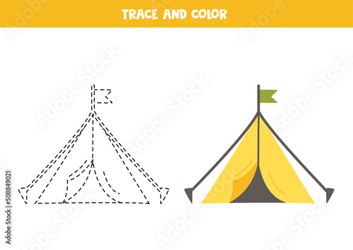 Trace and color cartoon tent. Worksheet for children.