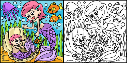 Mermaid With A Baby Coloring Page Illustration