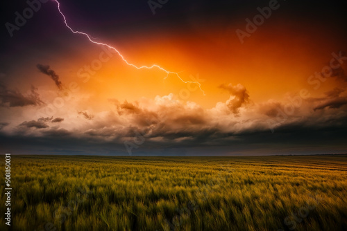 Bilde på lerret Lightning illuminates ominous storm clouds over farmland.