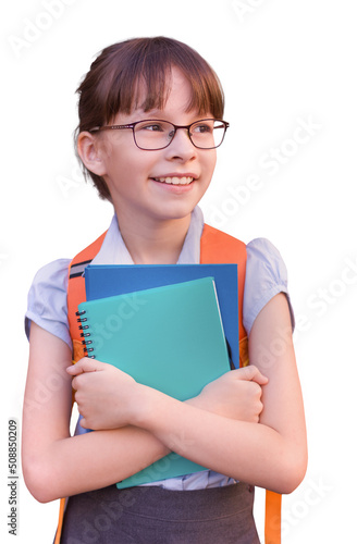 Happy schoolgirl isolated on white background. Portrait of adorable child with backpack and notebooks