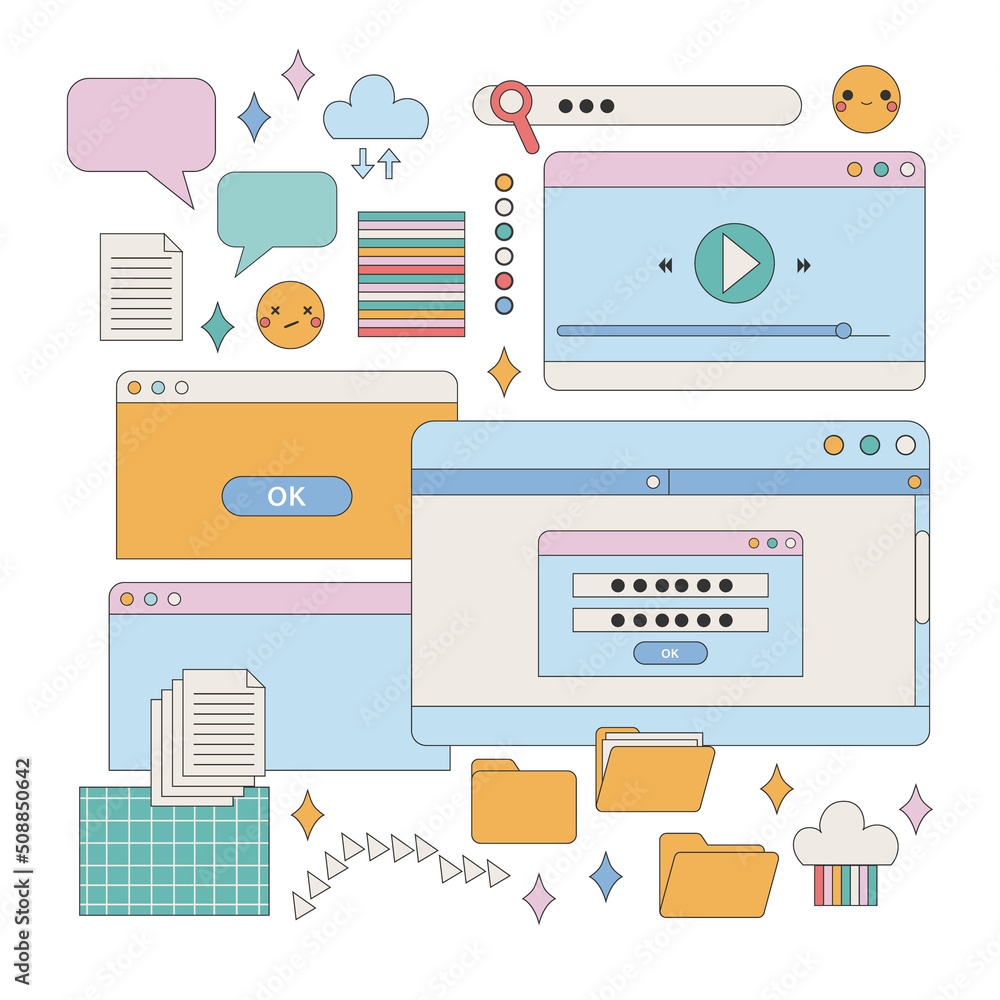 Set of computer interface elements in retro style. Trendy cartoon clip from the 90s. Vector hand drawn illustration. Set of computer interface elements in retro style. Trendy cartoon clip from the 90s. Vector hand drawn illustration.