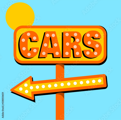 Vintage neon car dealer sign with arrow