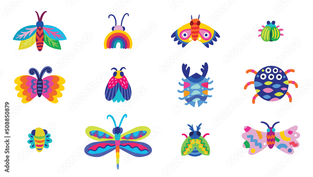 Vector set of beetles, spiders, moths and butterflies in cartoon style