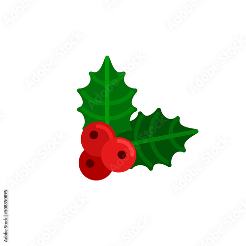 Red holly berry with green leaves. Merry Christmas cute flat icon. Vector illustration isolated on white background. Xmas logo symbol