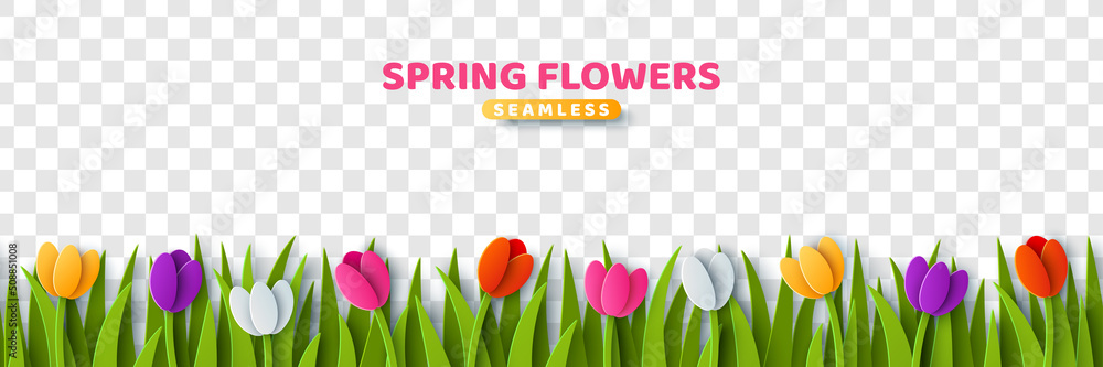 Many paper cut tulips isolated on transparent background. Vector ...