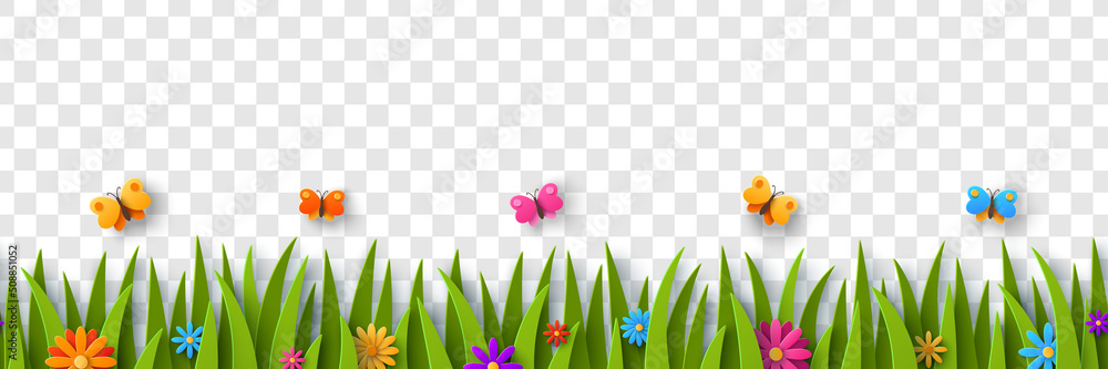 Beautiful daisy field isolated on transparent background. Vector illustration. Paper cut style spring flowers pattern and grass seamless border header. Place for text. Colorful flying butterfly - obrazy, fototapety, plakaty 