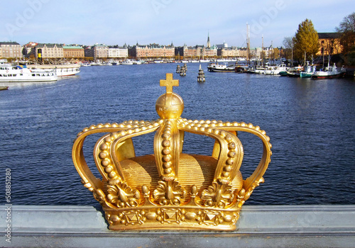 Waterside view of crown on the Stockholm Citadel bridge photo