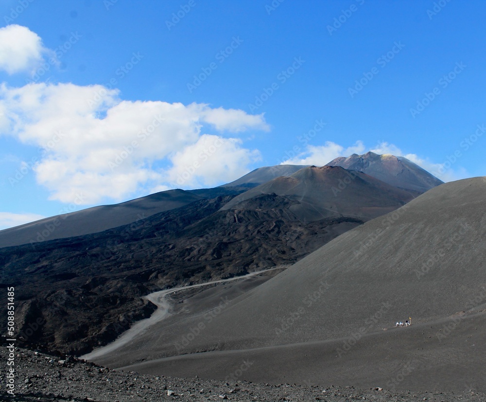 View to black Etna volcano in Sicily, Italy