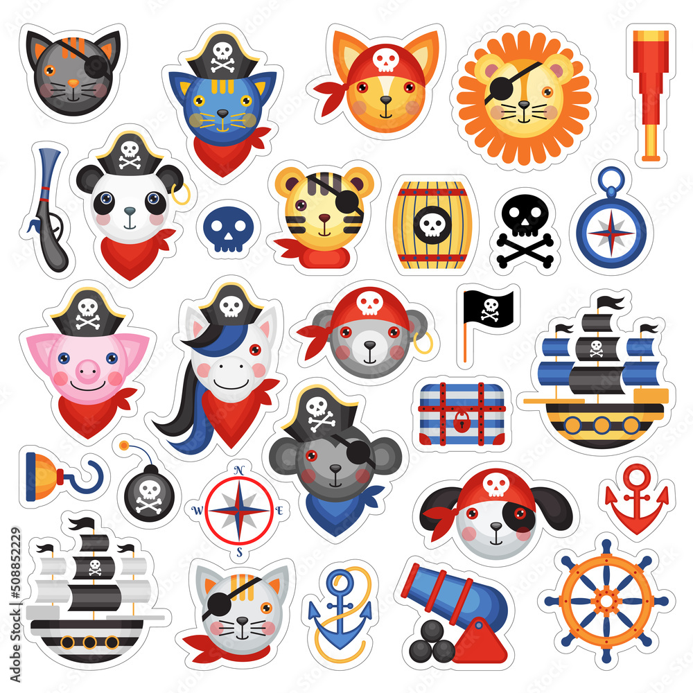 Set of vector cartoon stickers on a pirate theme. Children's holiday, kids' party, stickers, games, baby shower. Set of vector cartoon stickers on a pirate theme. Children's holiday, kids' party, stickers, games, baby shower.
