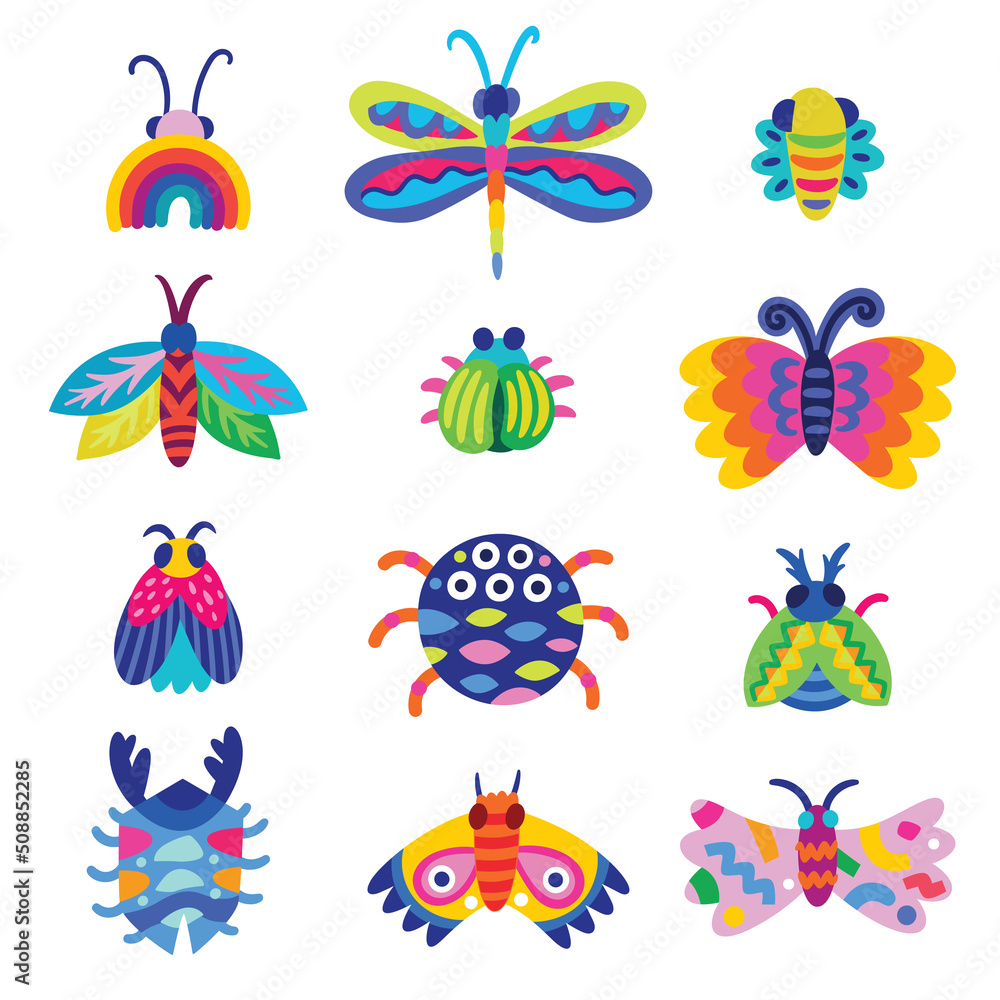 Vector set of beetles, spiders, moths and butterflies in cartoon style Vector set of beetles, spiders, moths and butterflies in cartoon style