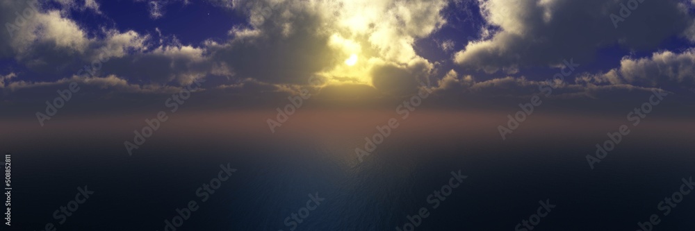 Sea sunset, ocean sunrise, sun over water surface, 3d rendering