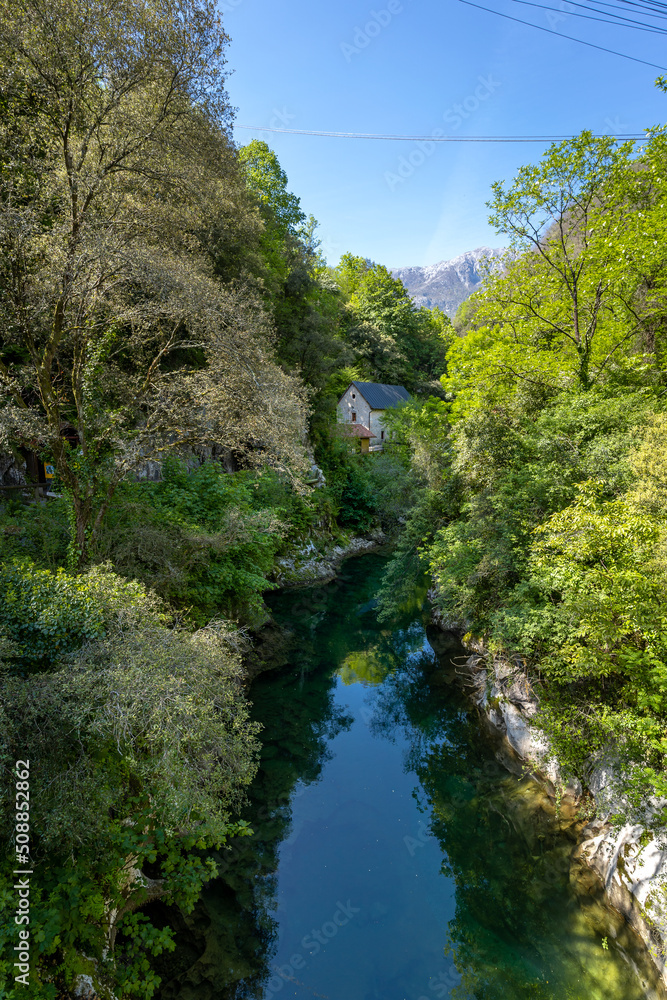 vertical composition. Cabrales cheese cave in River Cares. Asturias. Spain