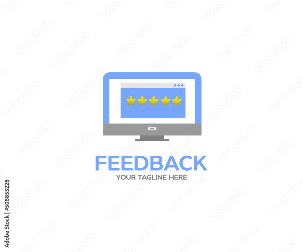 Feedback customers review on a laptop monitor logo design. People evaluating product, service. Website rating feedback concept vector design and illustration. Feedback customers review on a laptop monitor logo design. People evaluating product, service. Website rating feedback concept vector design and illustration.