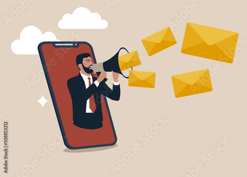 Man on smartphone using megaphone to send flying email newsletter online. Email marketing campaign, subscription newsletter or online announcement to customer, digital advertising.