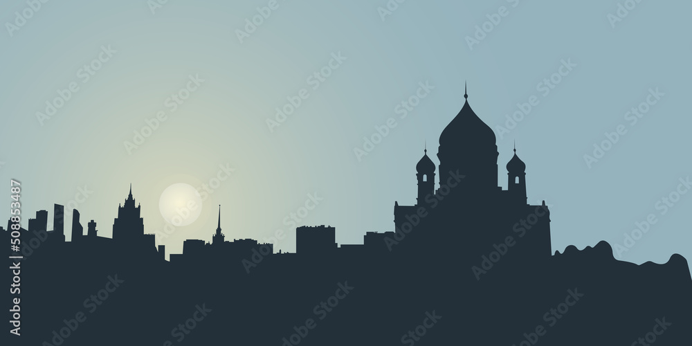 Vector illustration of the silhouette of Moscow architecture. Dark, the background of the buildings and the temple of the city.