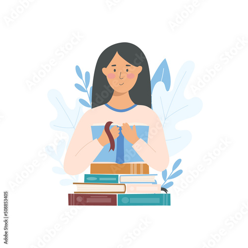 Read more books concept cartoon vector illustration isolated on white background. Girl holding and reading a book. Trendy design concept for education, student, school, online courses, personal growth
