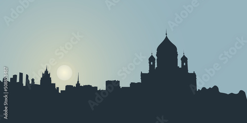 Vector illustration of the silhouette of Moscow architecture. Dark  the background of the buildings and the temple of the city.