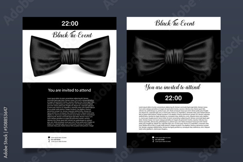 Invitation to a holiday with a bow tie in black, highlighted on a white background with an inscription. Hipster style