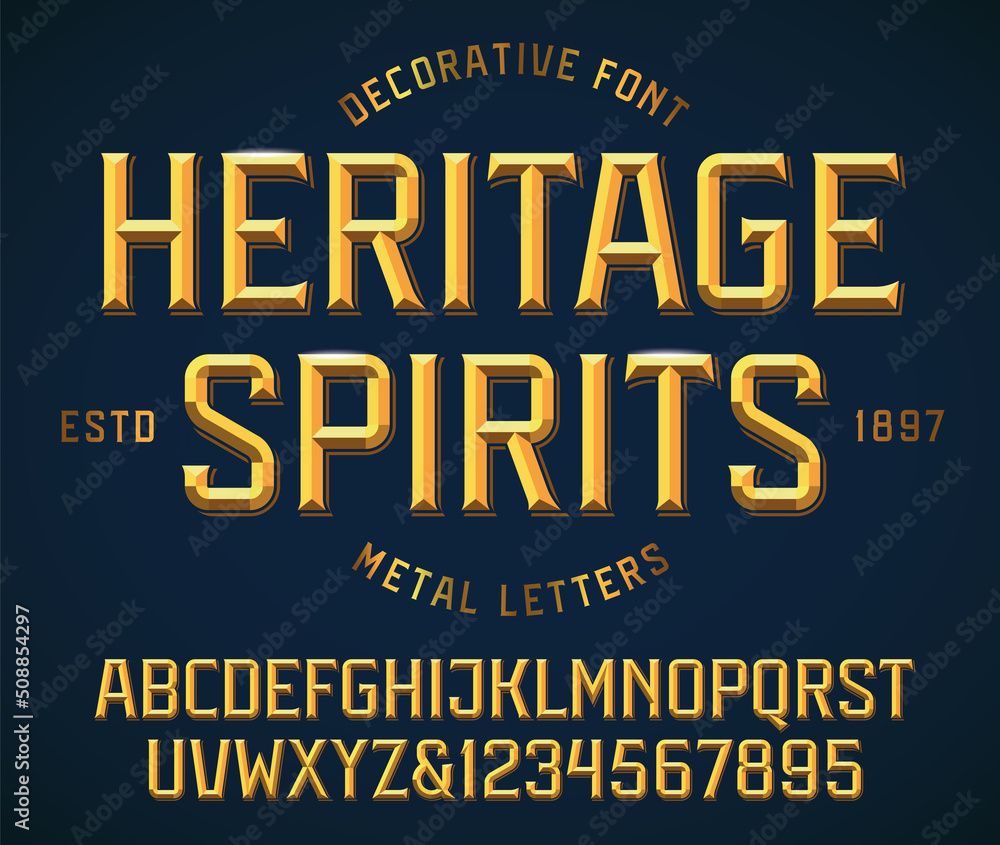 Classic victorian decorative font, golden metallic beveled alphabet and numbers. Upper case. Vector illustration. - obrazy, fototapety, plakaty 
