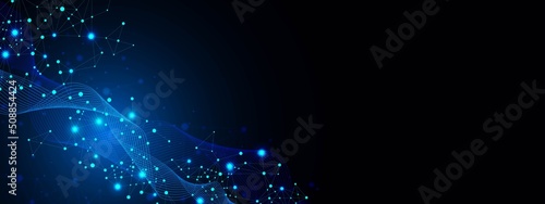 Vector neon wave background frame. Design of lines, flow connected by glow dots. Texture mesh plexus. Chaotic cells of digital communication. Neural network. Poster technology, medicine, business.