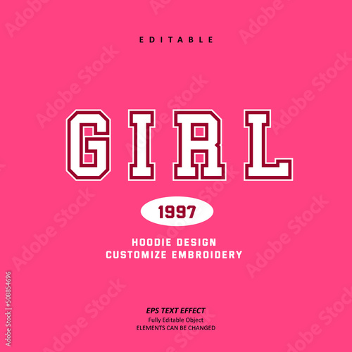Girls Hoodie Embroidery logo custom text effect editable premium vector