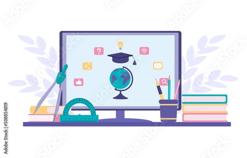 E-learning banner. Online education, home schooling. Web courses or tutorials concept. Education vlog. Vector flat illustration