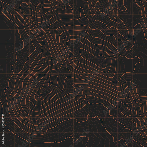 Vector Modern Abstract Cartography Art Dark Grey Orange Topography Contour Map With Relief Elevation. Geographic Terrain Area Satellite View Digital Cartographic UI Contemporary Illustration