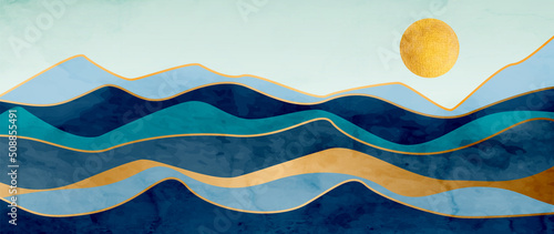 Abstract watercolor background with waves or hills in blue and gold. Landscape art banner in modern style for decoration, interior design, print